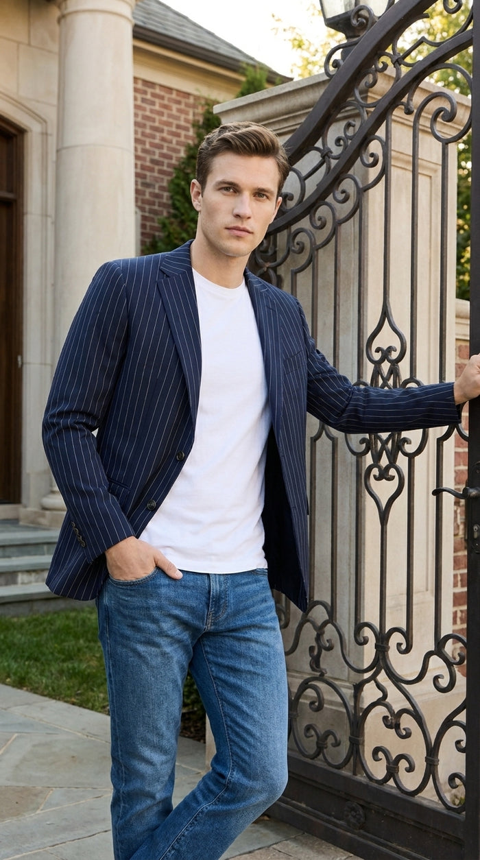 Men’s Navy Blue Chalk Pinstripe Blazer Sport Coat – 1920s Gangster Style Dress Jacket