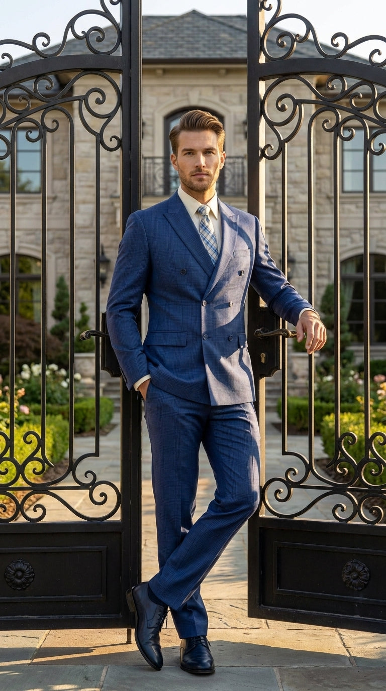 Vinci Men’s Blue Double Breasted Glen Plaid 2 Piece Suit, Formal Wedding Business Dress Suit Modern Fit