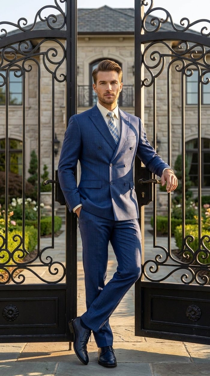 Vinci Men’s Blue Double Breasted Glen Plaid 2 Piece Suit, Formal Wedding Business Dress Suit Modern Fit