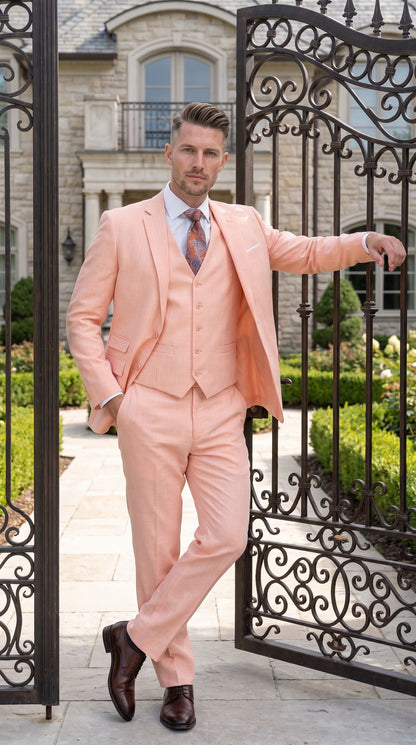 Men’s Peach Light Orange Blush 3 Piece Summer Suit with 2 Button Jacket and Ticket Pocket