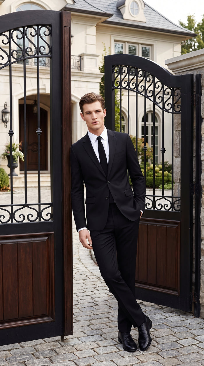 Prontomoda Men’s Solid Black Suit, Formal Wedding Business Dress Suit Modern Fit
