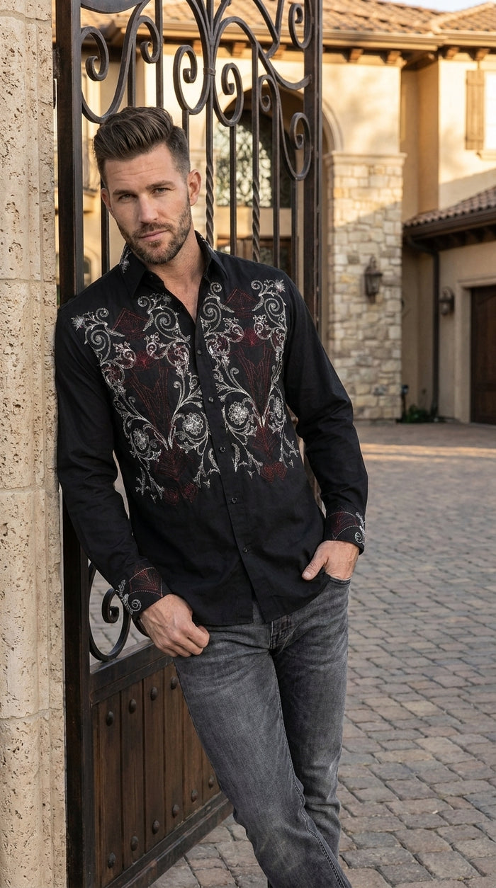 Men’s Multi Color Embroidered Cotton Dress Shirt, Stylish Casual Fashion Button Down Shirt