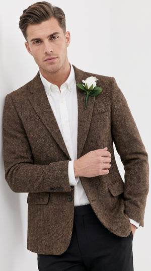 Men’s Dark Brown Tweed Herringbone Blazer, Classic Dress Sport Coat for Wedding and Casual Wear