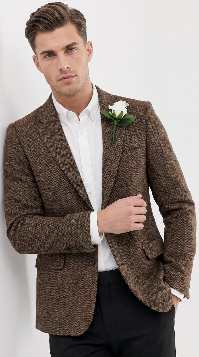 Men’s Dark Brown Tweed Herringbone Blazer, Classic Dress Sport Coat for Wedding and Casual Wear