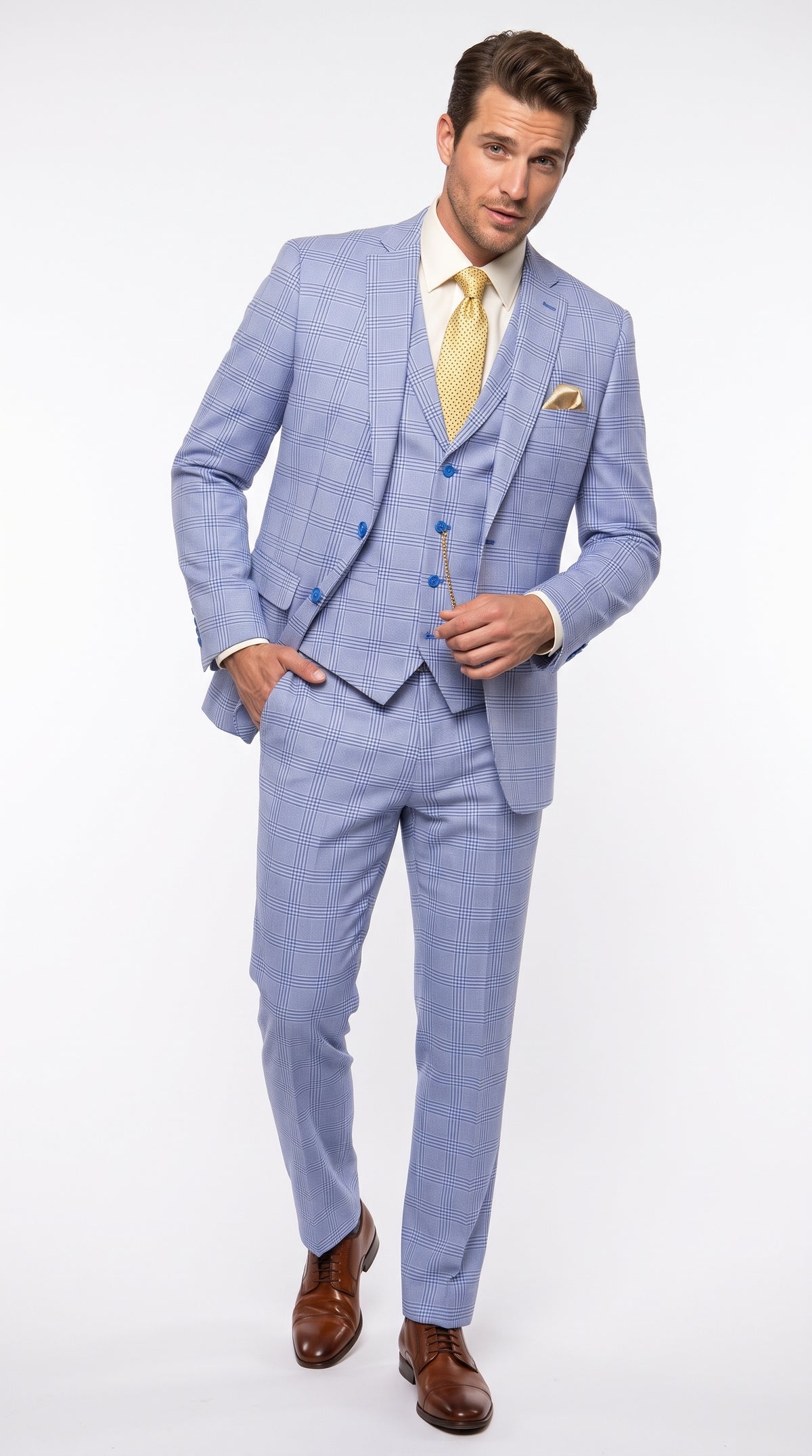 Men’s Sky Blue Glen Plaid 3 Piece Suit SV2W6, Windowpane Checkered Vested Formal Wedding Prom Suit