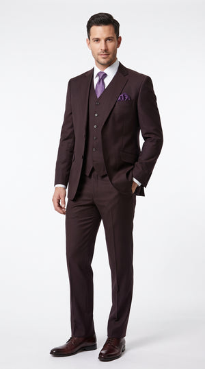 Statement Men’s Plum Eggplant 2 Button Modern Fit Suit, Italian Style Wool Formal Wedding Business Suit