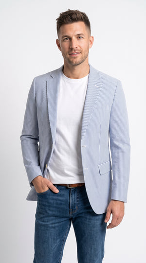 Men's Sapphire Blue Seersucker Blazer – Classic 2-Button Striped Summer Sport Coat for Weddings & Parties