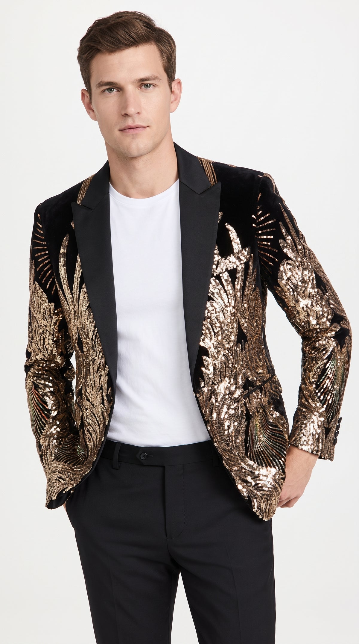 Men’s Black & Gold Peacock Sequin Tuxedo Jacket – Luxury Prom, Wedding & Party Blazer with Black Shawl Lapel