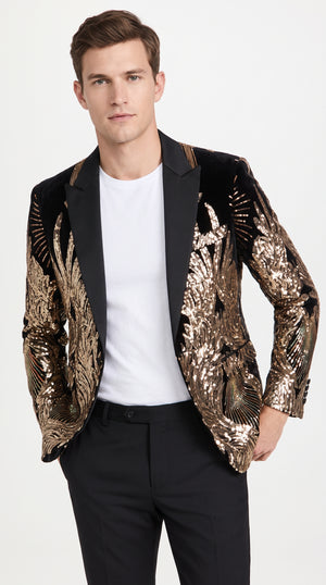 Men’s Black & Gold Peacock Sequin Tuxedo Jacket – Luxury Prom, Wedding & Party Blazer with Black Shawl Lapel
