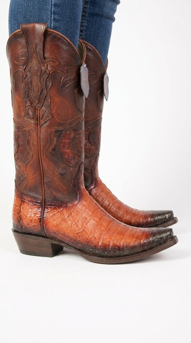Los Altos Men’s Faded Cognac Caiman Snip Toe Cowboy Boots, Exotic Western Dress Boots
