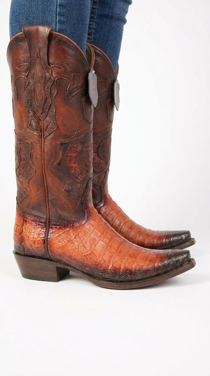 Los Altos Men’s Faded Cognac Caiman Snip Toe Cowboy Boots, Exotic Western Dress Boots