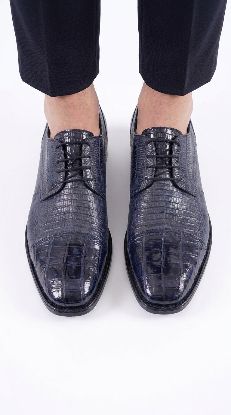 Los Altos Men’s Navy Teju Lizard and Caiman Oxford Shoes, Exotic Lace-Up Formal Dress Shoes