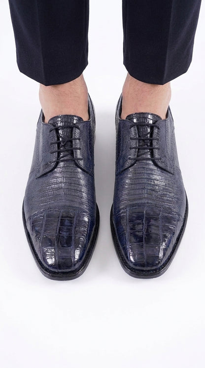 Los Altos Men’s Navy Teju Lizard and Caiman Oxford Shoes, Exotic Lace-Up Formal Dress Shoes