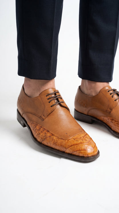Vestigium Men’s Cognac Genuine Caiman Belly Derby Shoes, Exotic Lace-Up Formal Dress Shoes