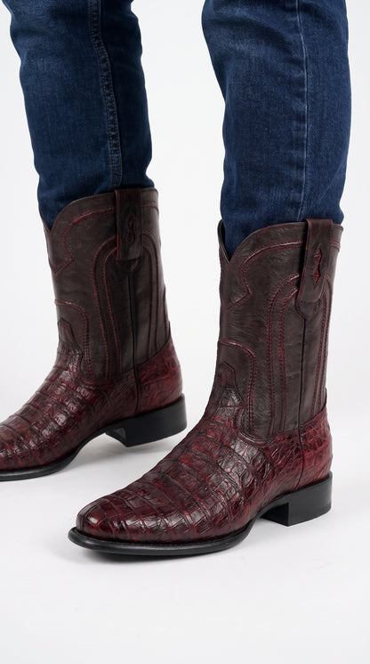 Los Altos Men’s Cherry Black Genuine Caiman Belly Roper Toe Boots, Exotic Western Dress Boots