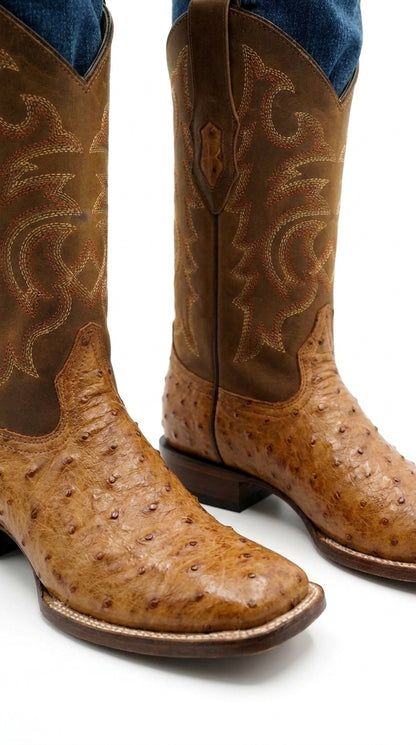Los Altos Men’s Amber Ostrich Skin Wide Square Toe Boots, Exotic Western Cowboy Dress Boots