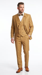 Men’s Camel Classic Fit 3 Piece Suit, Vested Formal Wedding Prom Suit with Knee Lined Pants