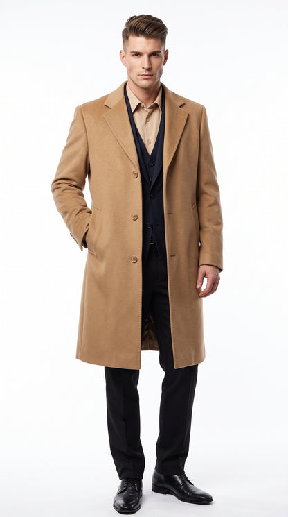 Men’s Camel Cashmere Blend Full Length Overcoat, Luxury Winter Dress Topcoat