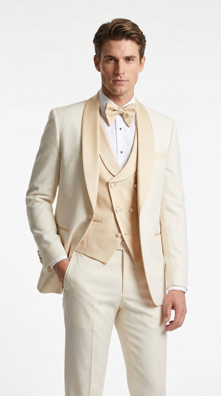 Men’s Champagne Cream Ivory Suit, Off White Formal Wedding Groom Tuxedo Suit