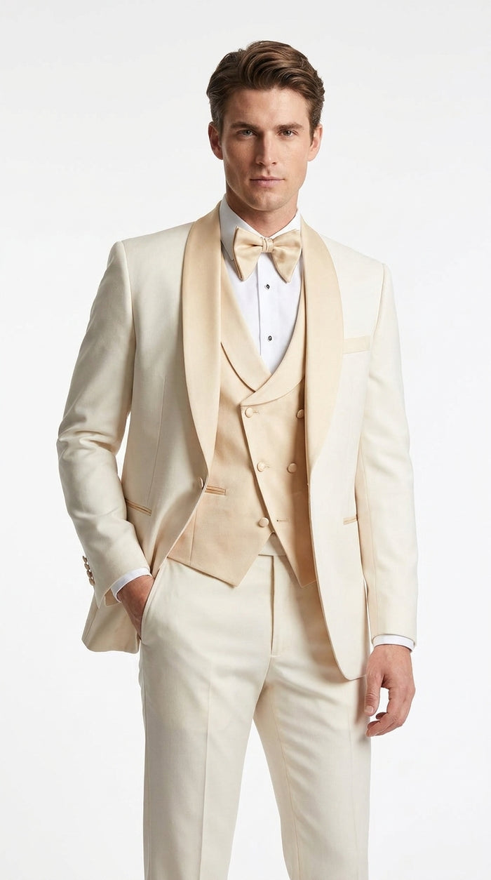 Men’s Champagne Cream Ivory Suit, Off White Formal Wedding Groom Tuxedo Suit