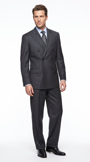 Men’s Dark Grey Double-Breasted Wool Suit – Peak Lapel, Side Vent & Pleated Pants Formal Suit