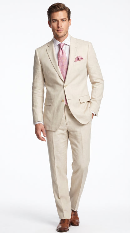 Men’s Natural Linen 2 Piece Suit, Regular Fit Summer Wedding Beach Dress Suit