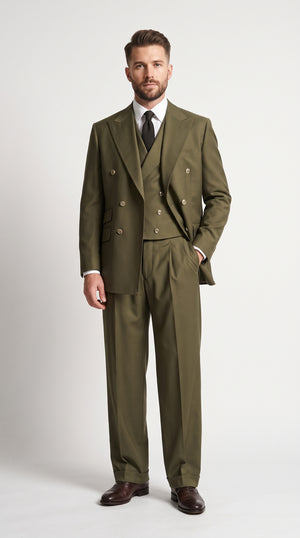 Tiglio Rosso Men’s Olive Classic Fit Wool Suit, Super 150s Wide Leg 3 Piece Suit with Vest