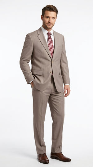 Men’s Tan Beige Shadow Stripe Suit, 2 Button Pinstripe Business Wedding Suit