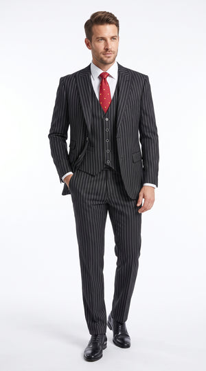 Men’s Black 1920s Bold Pinstripe Suit, Big and Tall Vintage 3 Piece Gangster Prom Suit