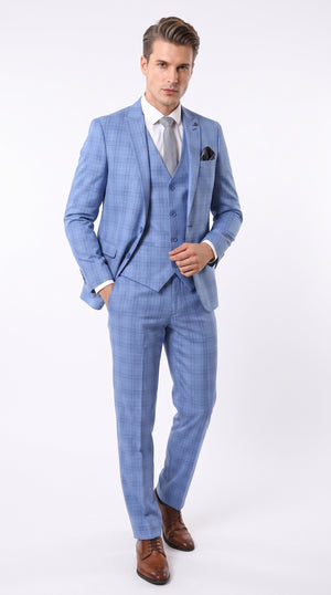 Men’s Light Blue Plaid 3 Piece Suit, Sky Blue Vested Summer Wedding Prom Dress Suit