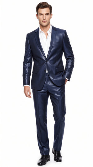 Men’s Dark Navy Blue Shiny Sharkskin Suit – 2-Button Side-Vent Formal Wedding & Prom Suit