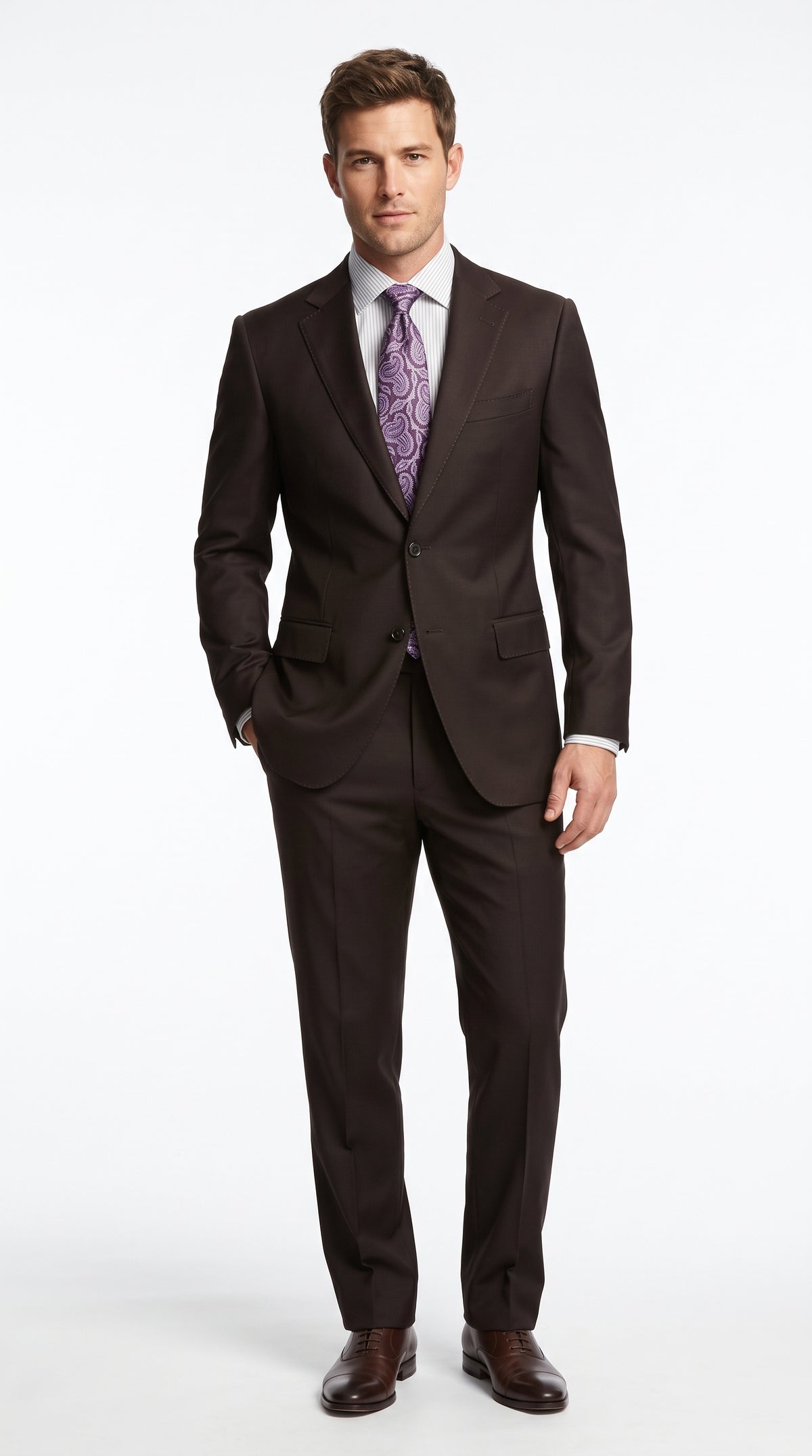 Men’s Brown Super 150s 2 Piece Suit, Classic 2 Button Formal Wedding Business Suit