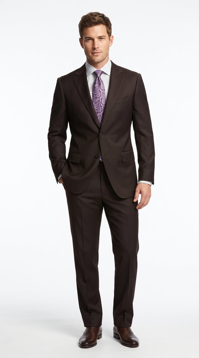 Men’s Brown Super 150s 2 Piece Suit, Classic 2 Button Formal Wedding Business Suit