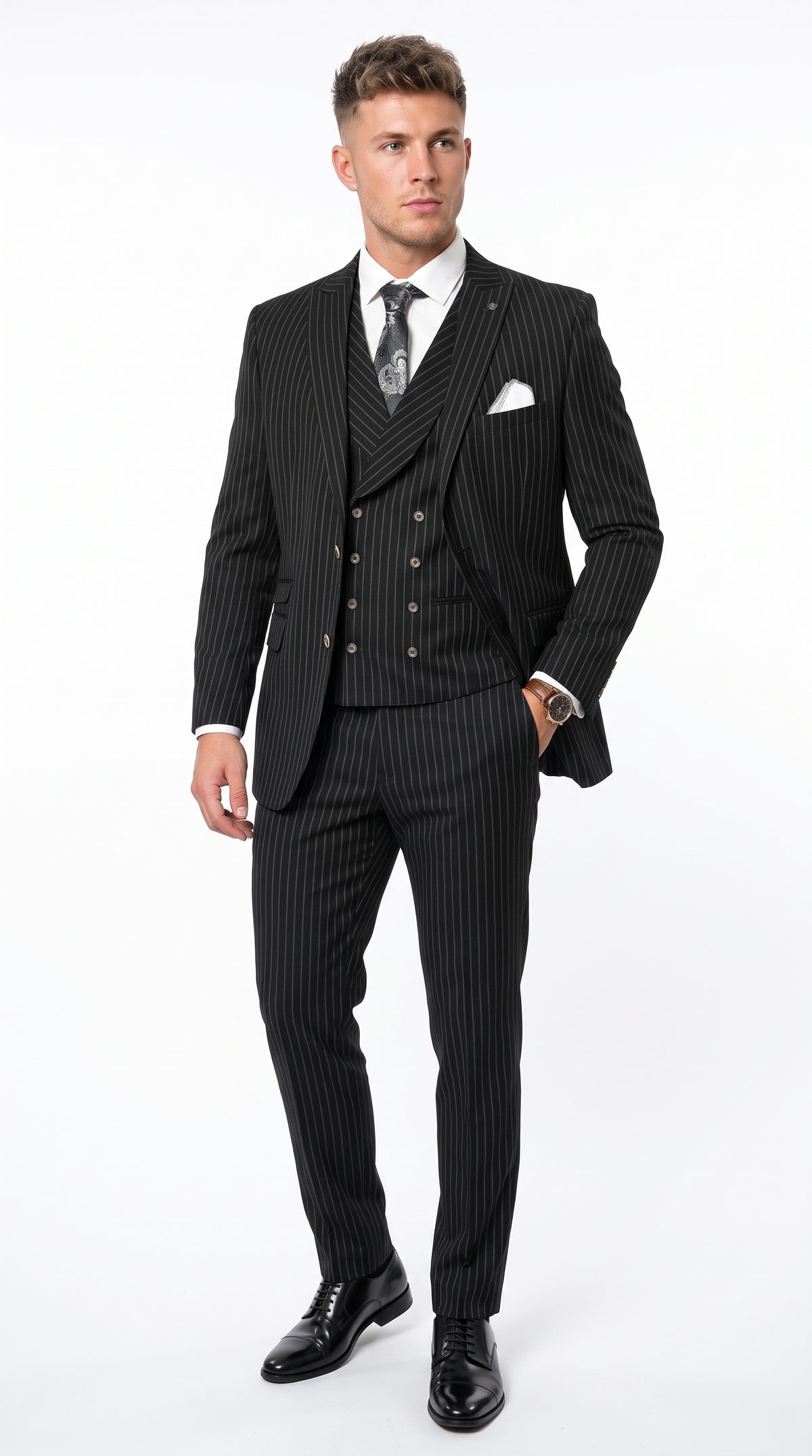 Men’s Black Gangster Pinstripe 3-Piece Suit – 2 Button Jacket with Double-Breasted Vest, Modern Fit