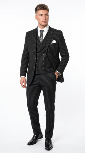 Men’s Black Gangster Pinstripe 3-Piece Suit – 2 Button Jacket with Double-Breasted Vest, Modern Fit