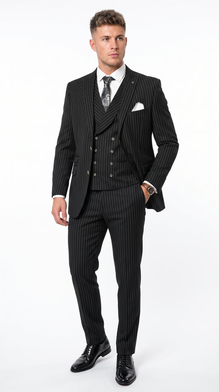 Men’s Black Gangster Pinstripe 3-Piece Suit – 2 Button Jacket with Double-Breasted Vest, Modern Fit