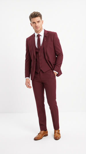 Mens 3-Piece Burgundy Slim Fit Suit with Vest – Wedding, Prom and Formal Wear