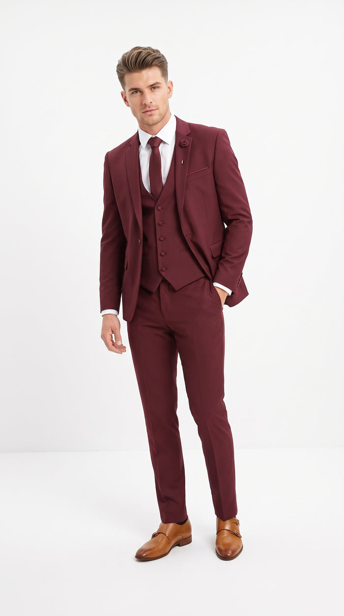 Mens 3-Piece Burgundy Slim Fit Suit with Vest – Wedding, Prom and Formal Wear