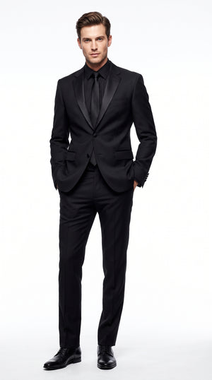 Men’s Black 2-Button Tuxedo Package Deal – Black Dress Shirt & Tie Formal Suit Set