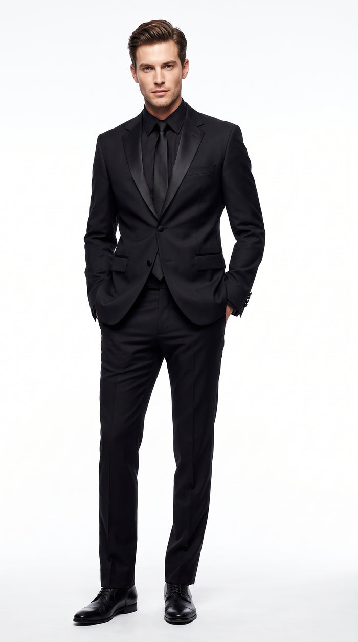 Men’s Black 2-Button Tuxedo Package Deal – Black Dress Shirt & Tie Formal Suit Set