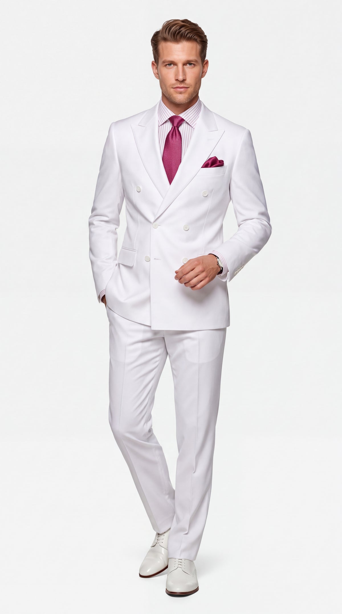 Apollo King Men’s White Double-Breasted Suit – Classic Luxury Wool-Feel Pleated Pants Suit