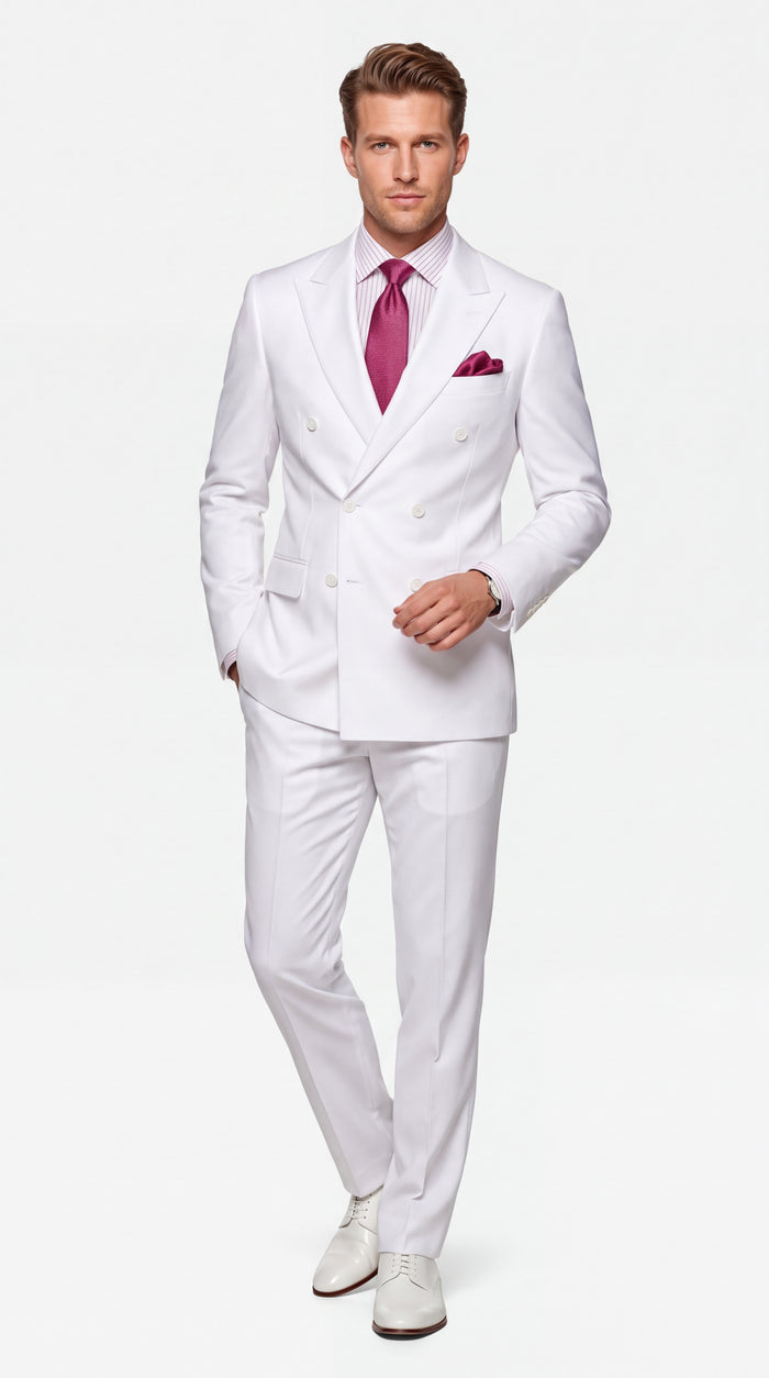 Apollo King Men’s White Double-Breasted Suit – Classic Luxury Wool-Feel Pleated Pants Suit