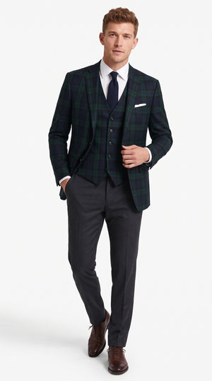 Men’s Green and Navy Blue Tartan Plaid 3 Piece Suit, Windowpane Checkered Formal Wedding Suit with Matching Vest