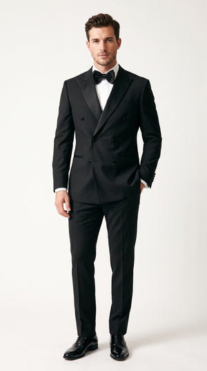 Men’s Black Designer Double Breasted Wool Tuxedo, Formal Wedding Prom Evening Suit