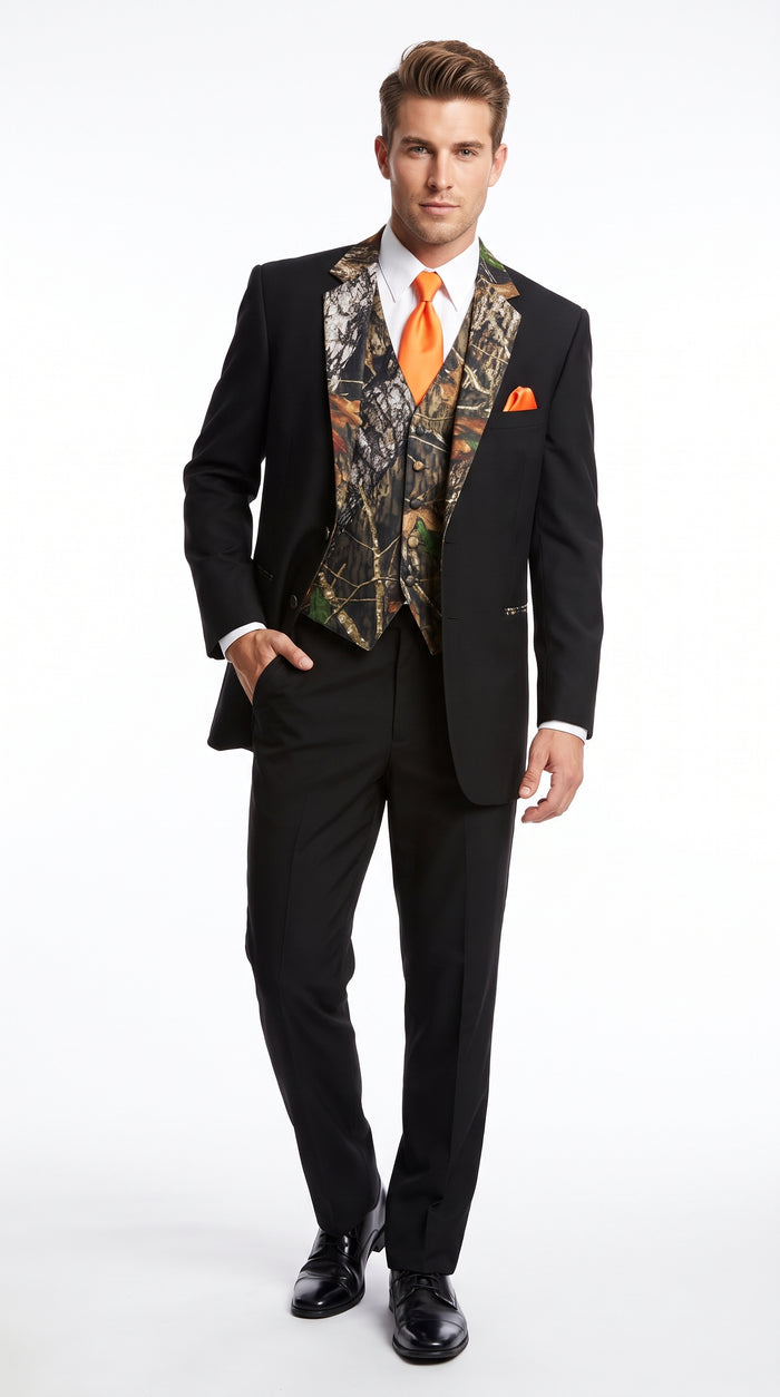 Men’s Black Camo Tuxedo Suit, Slim Fit 2 Button Wedding Prom Suit with Camouflage Vest and Lapels