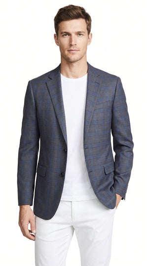 Men’s Charcoal Grey & Blue Plaid Blazer – Windowpane Pattern Sport Coat for Business, Wedding & Formal Wear