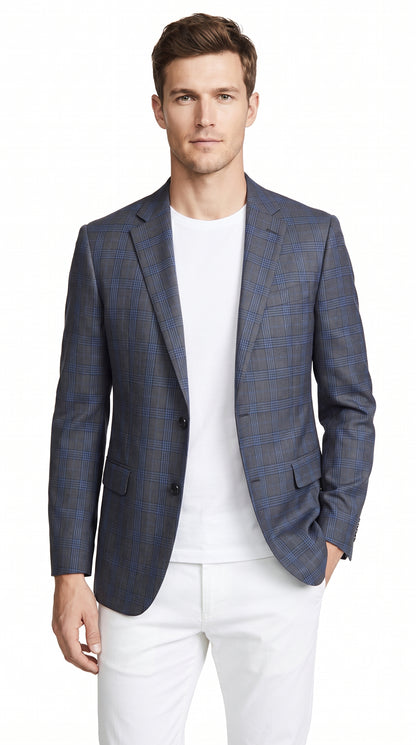 Men’s Charcoal Grey & Blue Plaid Blazer – Windowpane Pattern Sport Coat for Business, Wedding & Formal Wear