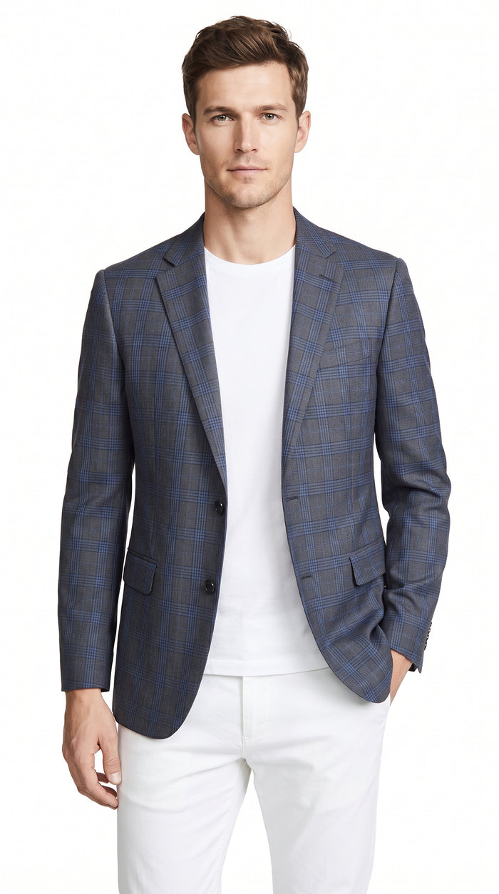 Men’s Charcoal Grey & Blue Plaid Blazer – Windowpane Pattern Sport Coat for Business, Wedding & Formal Wear