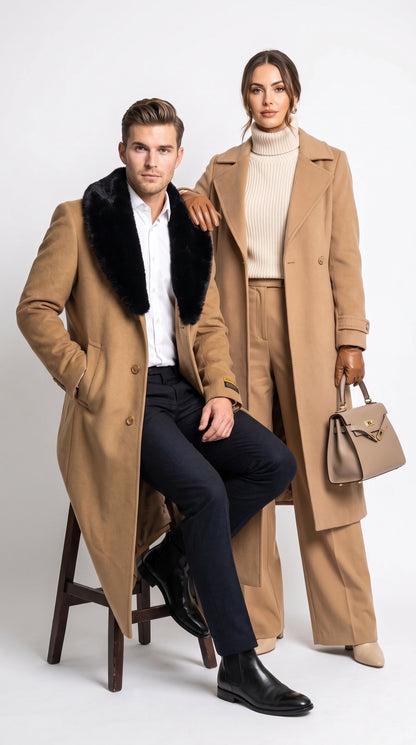 Men’s Camel Wool Full-Length Top Coat with Black Fur Collar – Classic Winter Overcoat