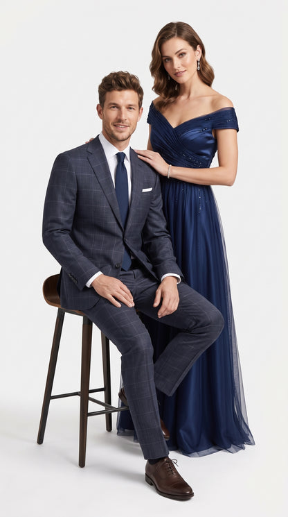 Statement Men’s Navy Windowpane 2 Piece Wool Suit, Modern Fit Super 200s Formal Business Suit